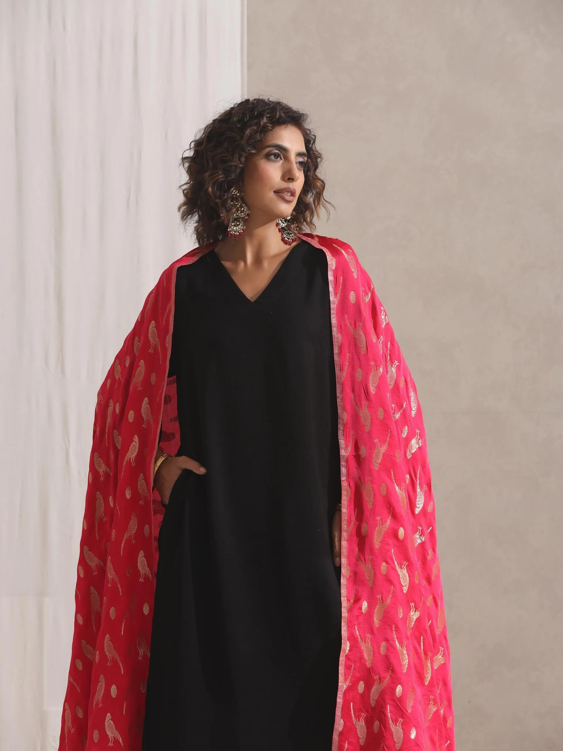 2 Pc SET - Black Korean Kurta with Pockets and Pyjama