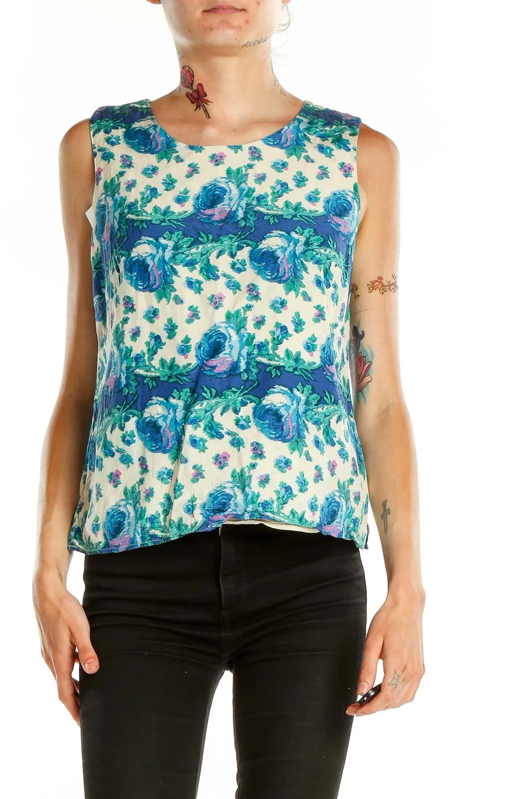 Blue Floral Sleeveless Blouse