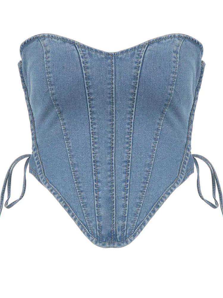 Blue Strapless Denim Heart Shape Top