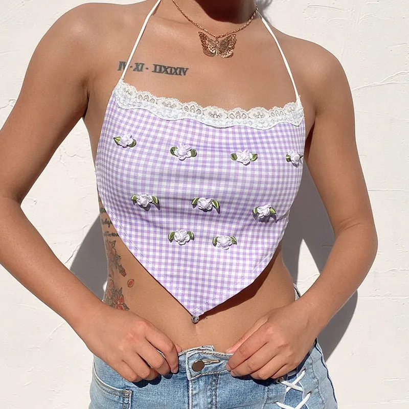 Boho Vintage Plaid Kawaii Crop Tops Sexy Beachwear Lace Patchwork Sleeveless