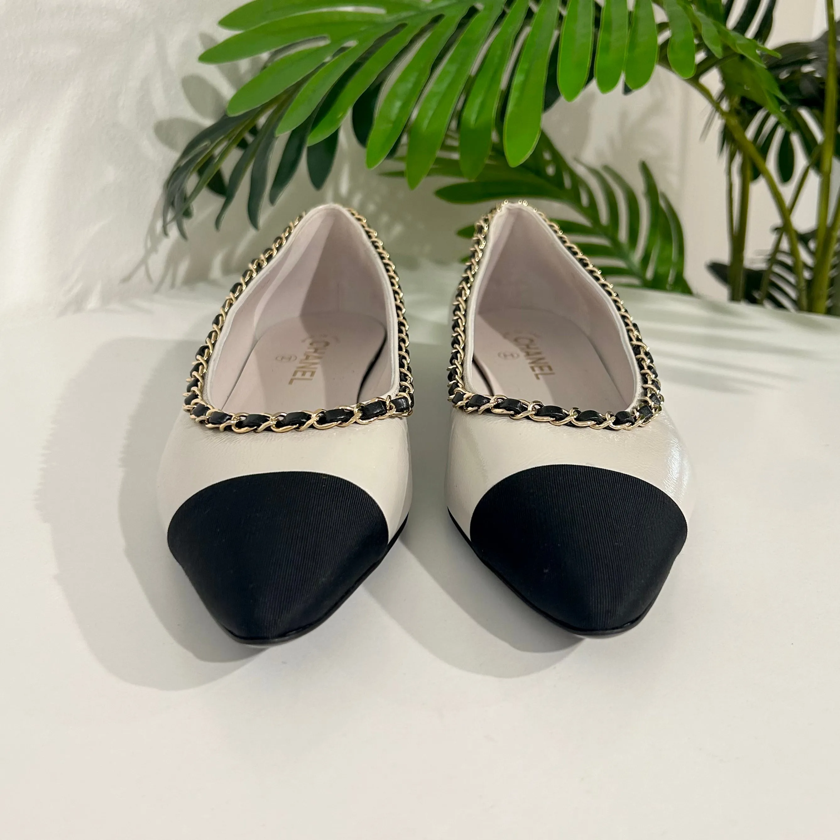 Chanel Grey & Black Pointed Toe Ballet Flats