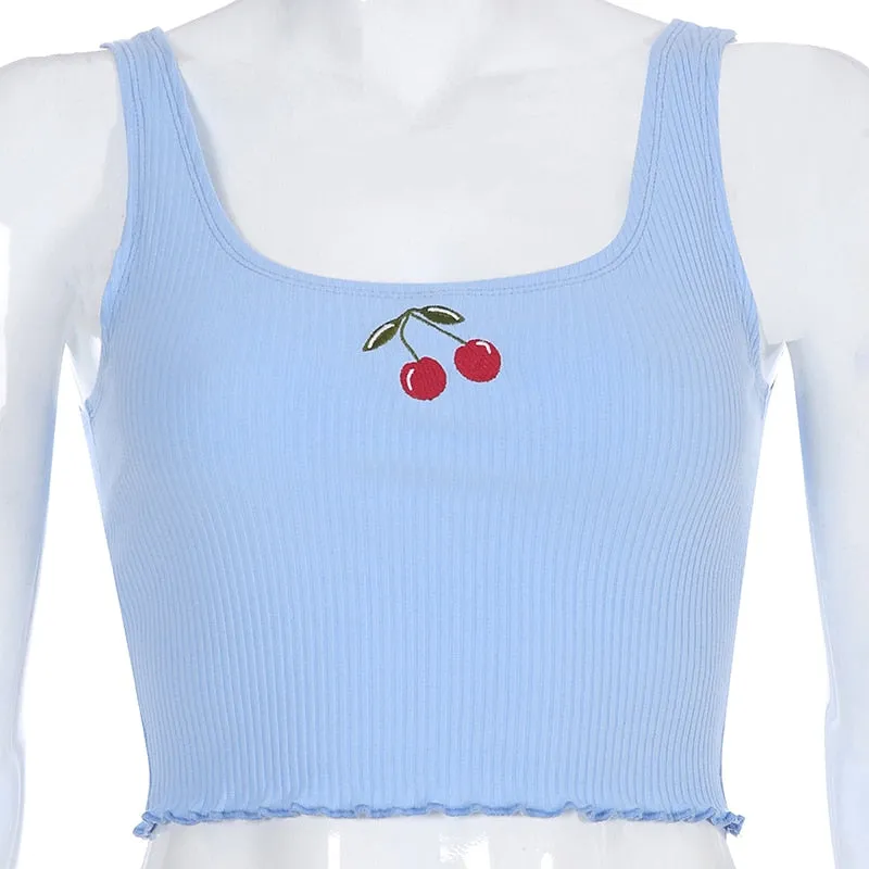 Cherry Embroidery Pattern Cute Crop Tops With Baby Lock Edge Casual Slim Workout Sleeveless