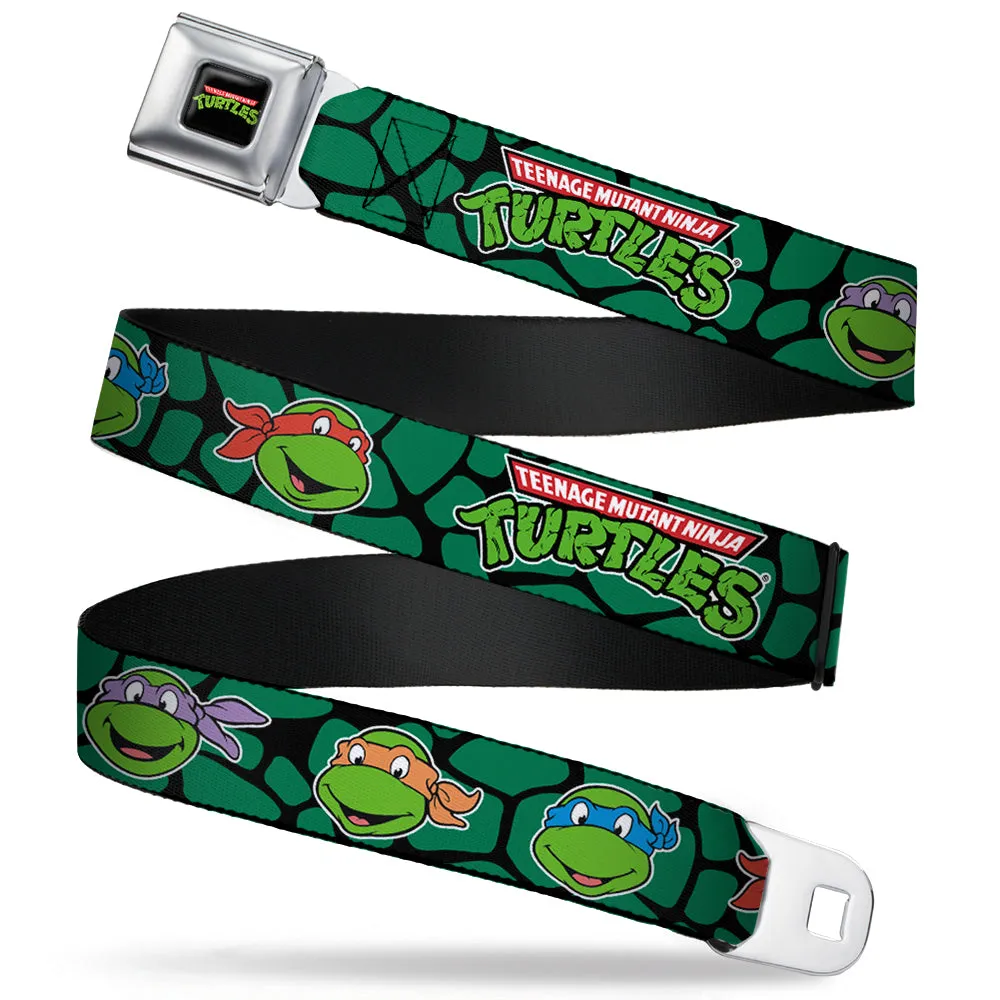 Classic TMNT Logo Full Color Seatbelt Belt - Classic TEENAGE MUTANT NINJA TURTLES Turtle Faces Black/Green Turtle Shell Webbing