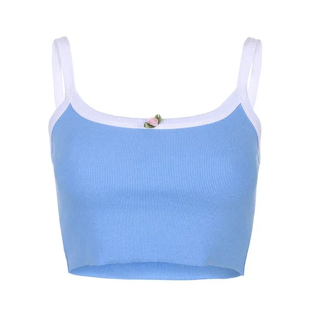 Contrast Color Cute Crop Top Female Streetwear Flower Appliques Cute Summer Tops For Women Sleeveless Sexy Camisole