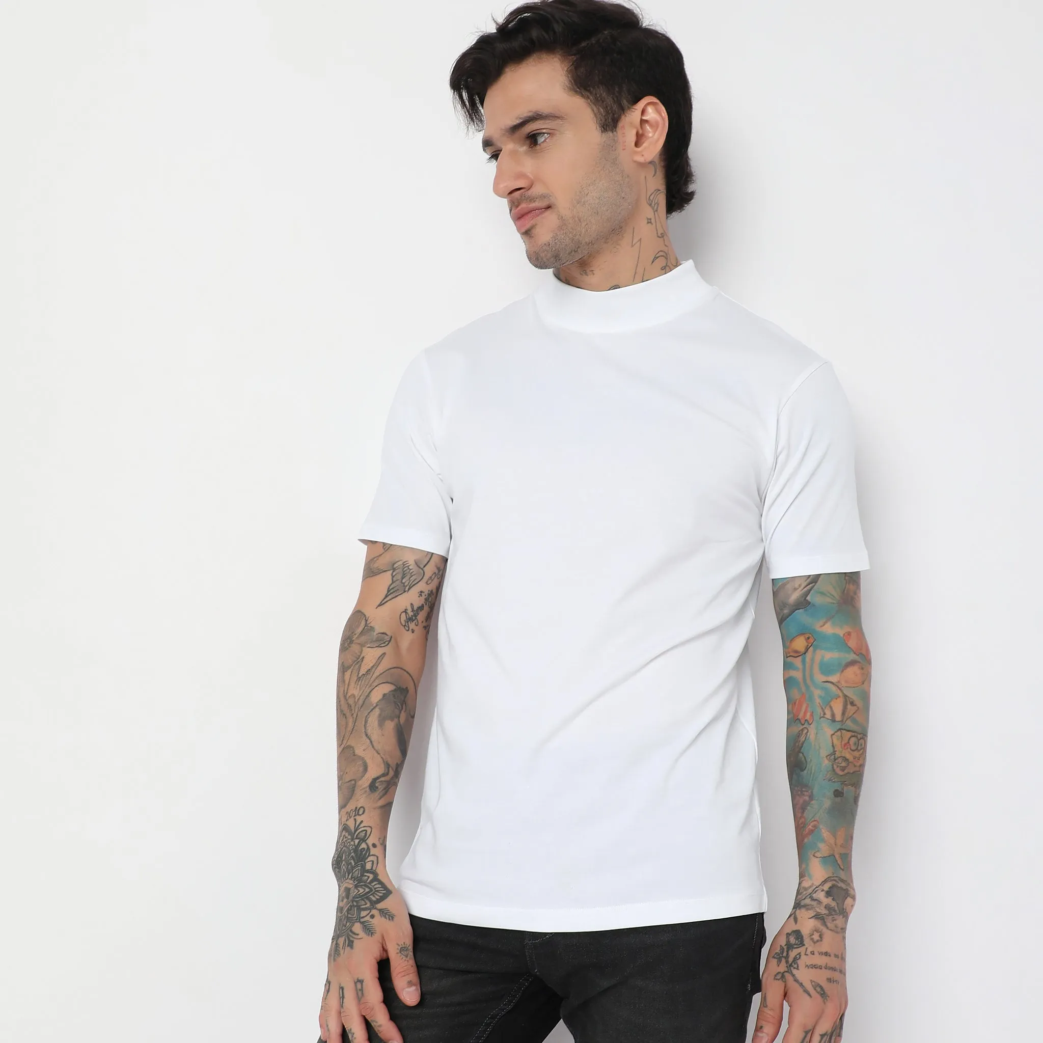 Cotton with E-fast® Stretch High Neck Slim Fit Solid T-Shirt