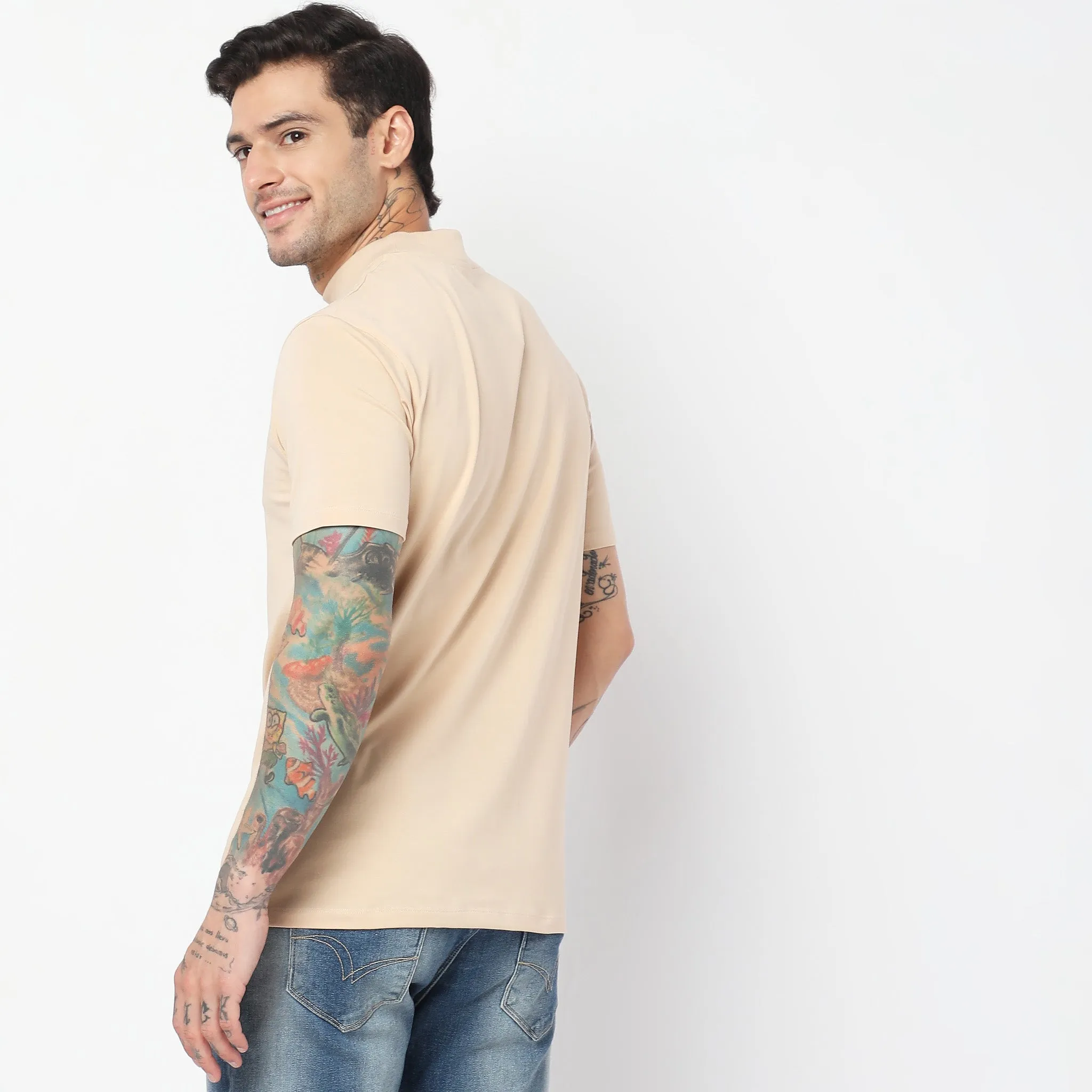 Cotton with E-fast® Stretch High Neck Slim Fit Solid T-Shirt