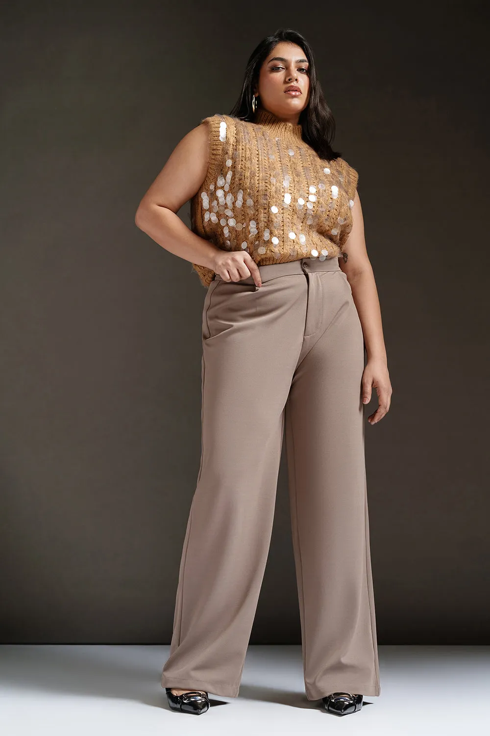 Dark Taupe Curve Textured Korean Pants