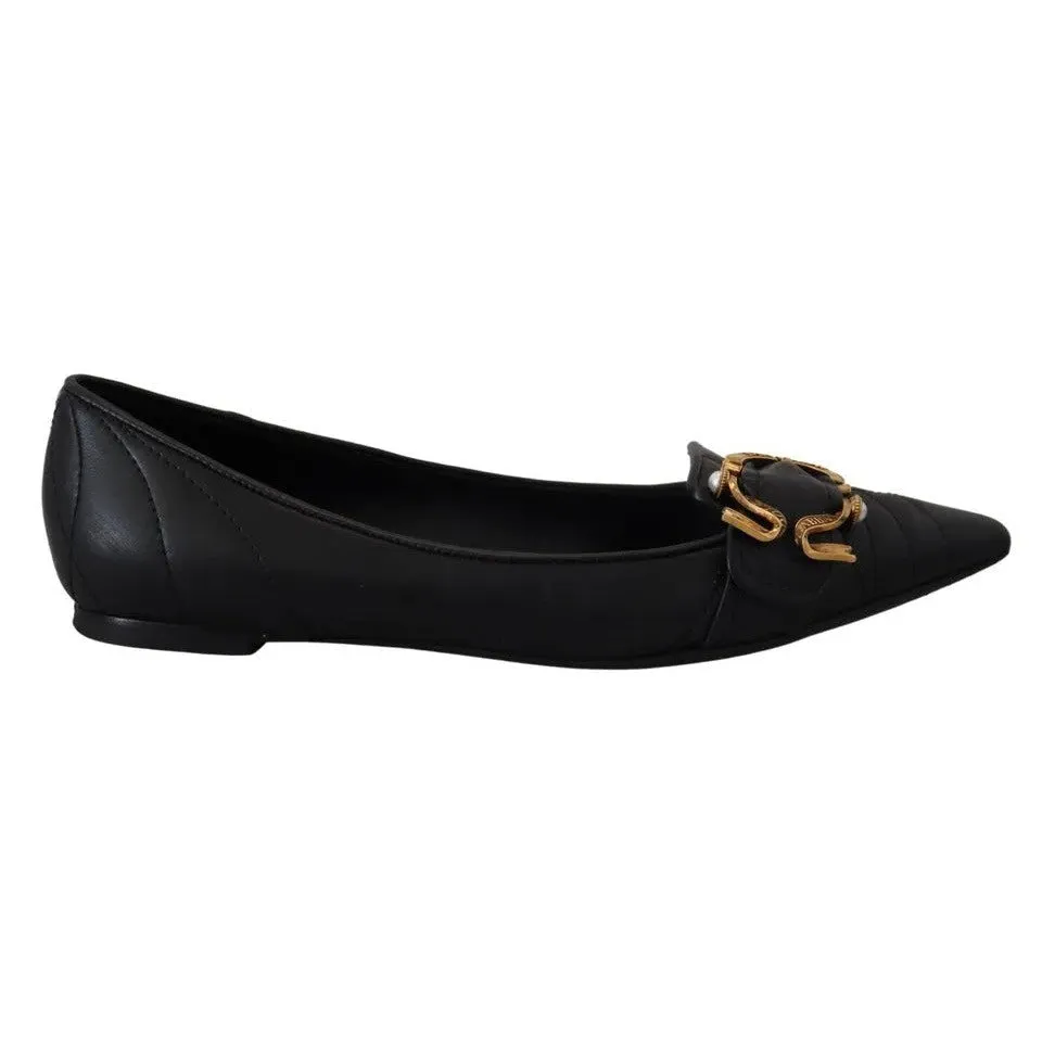 Dolce & Gabbana Black Devotion Leather Pointy Flats Shoes