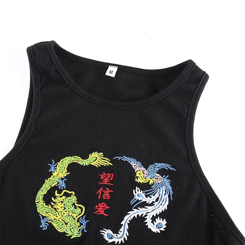 Dragon Print Sexy Strap Workout Fitness Bodycon Tank Top Sleeveless