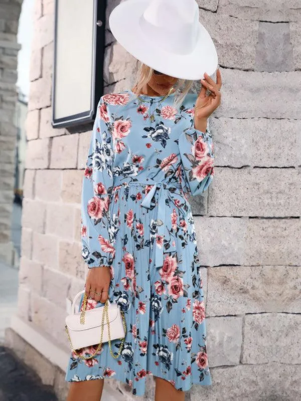 Elegant Blue Floral Pleated Dress - Trendy Women's Autumn and Winter Fashion