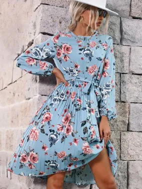 Elegant Blue Floral Pleated Dress - Trendy Women's Autumn and Winter Fashion