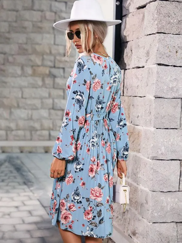 Elegant Blue Floral Pleated Dress - Trendy Women's Autumn and Winter Fashion