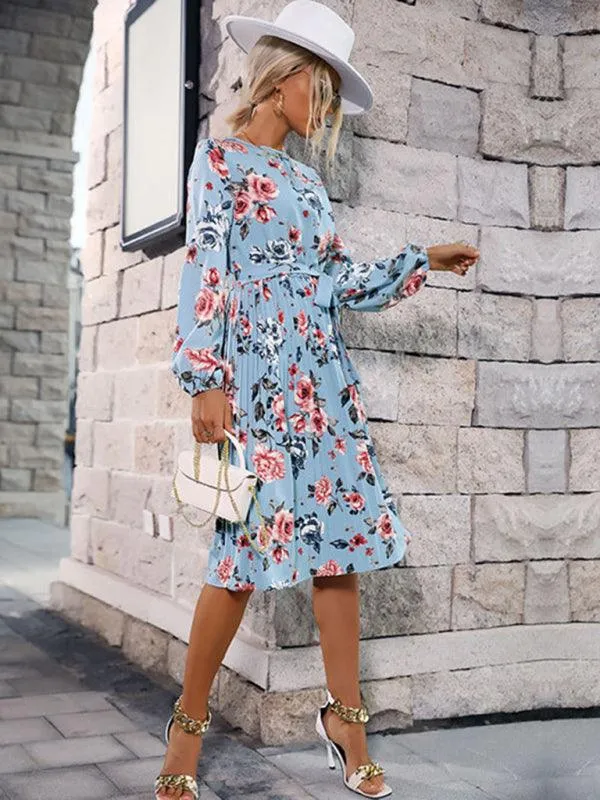 Elegant Blue Floral Pleated Dress - Trendy Women's Autumn and Winter Fashion