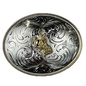 Engraved Sterling Silver Plate Bucking Bronco Western Belt Buckle