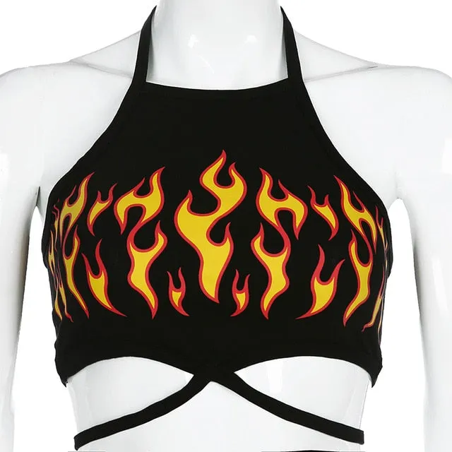 Flaming Fire Printed Cross Bandage Tops Backless Sexy Crop Top Sleeveless