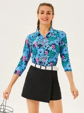 Flower Print 3/4 Sleeve Zipper Polo Shirt For Women