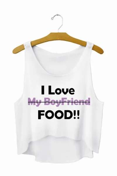 Funny I Love Food Print Crop Top Sleeveless Shirt