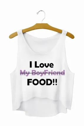 Funny I Love Food Print Crop Top Sleeveless Shirt