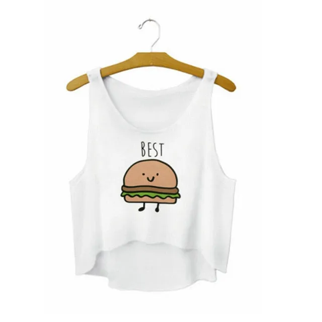 Funny I Love Food Print Crop Top Sleeveless Shirt