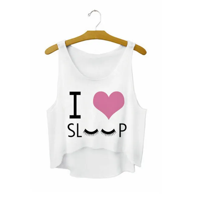 Funny I Love Food Print Crop Top Sleeveless Shirt