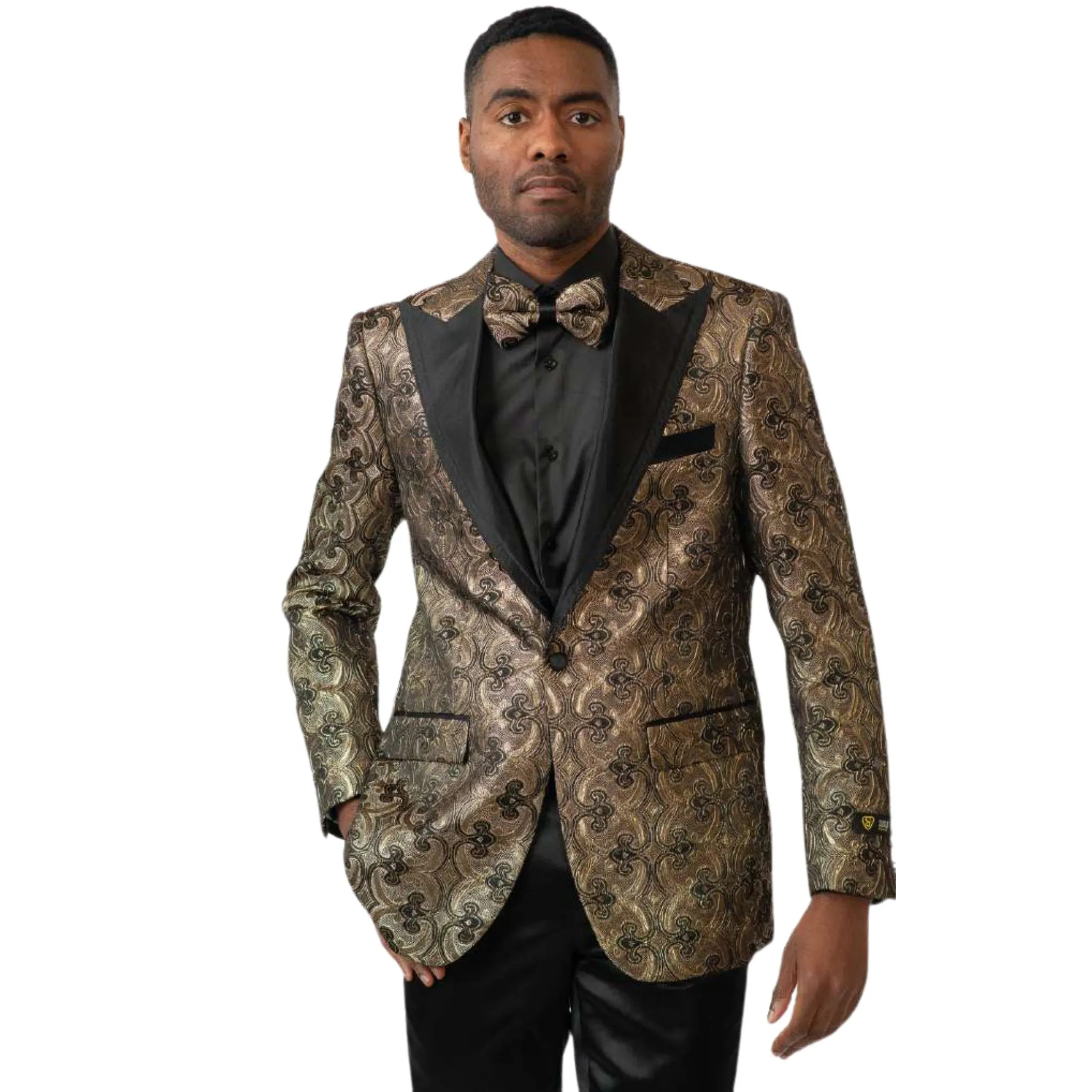 Gold & Black Paisley Tuxedo Blazer – Luxury Prom & Wedding Jacket