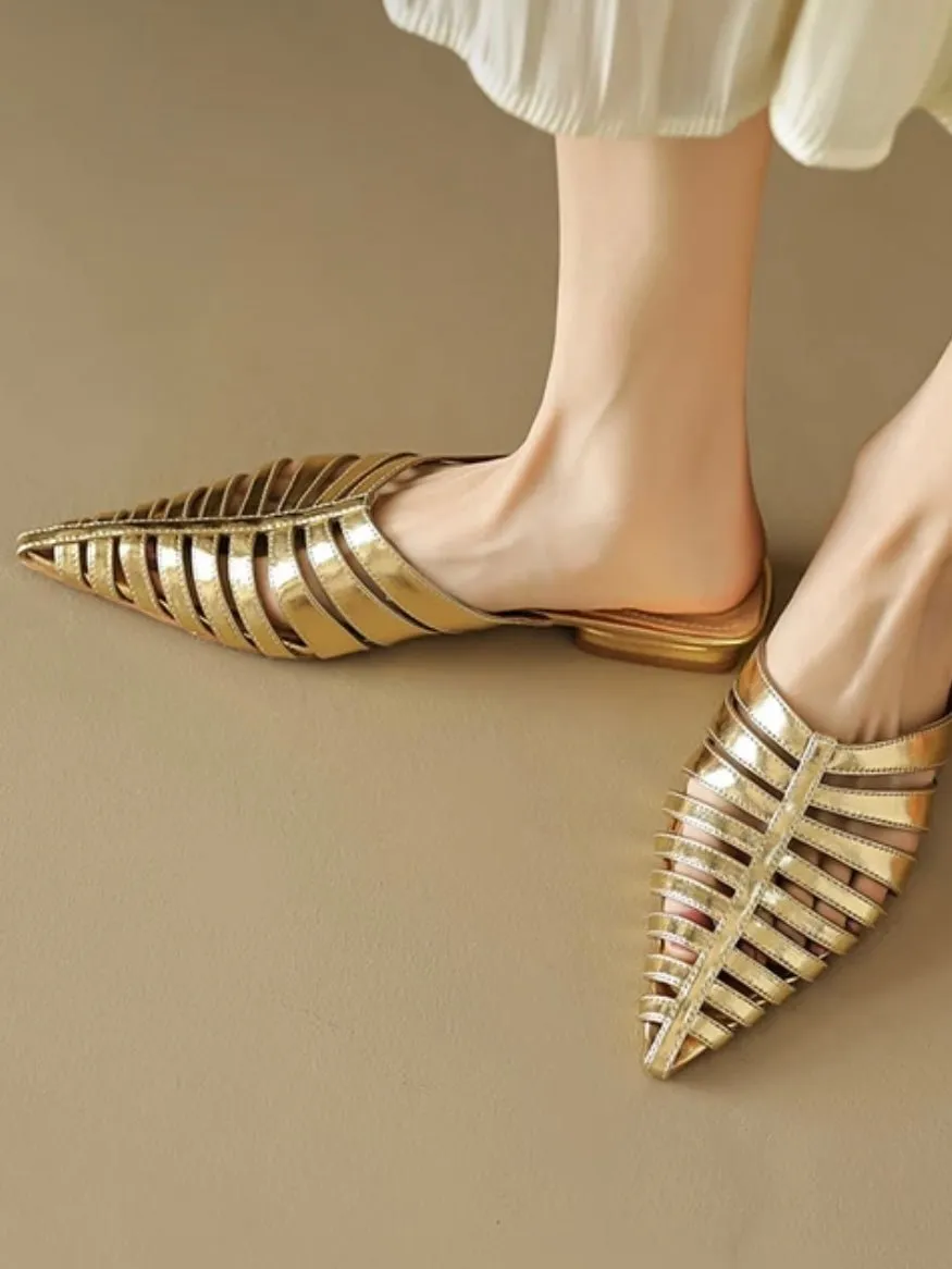 Gold mules slides pointed flats shoes