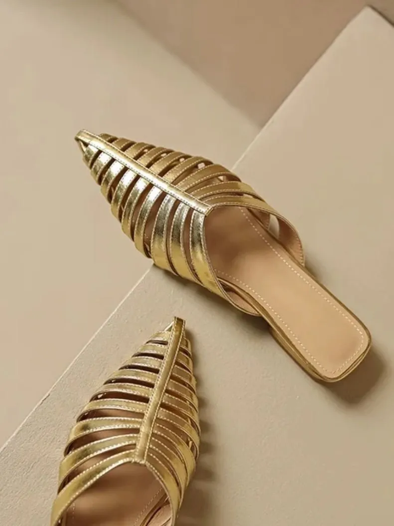 Gold mules slides pointed flats shoes