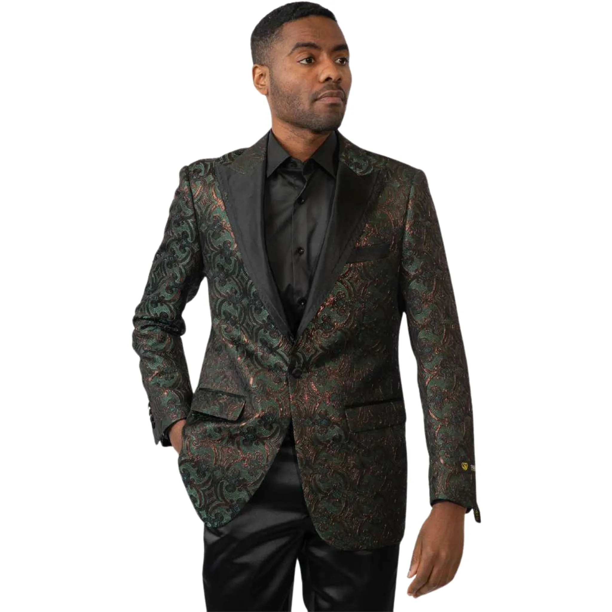 Green & Gold Paisley Tuxedo Blazer – Luxury Prom & Wedding Jacket