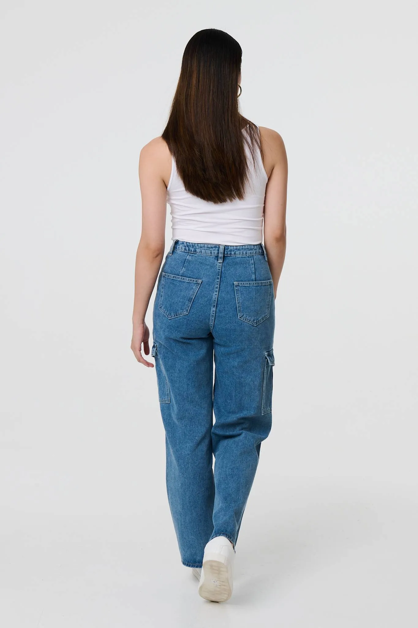 High Waist Denim Cargo Jeans