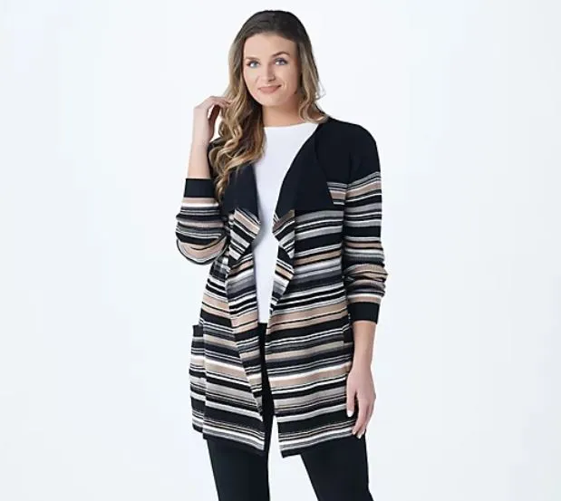 Isaac Mizrahi Live! TRUE DENIM Striped Cascade Front Cardigan Medium Neutral