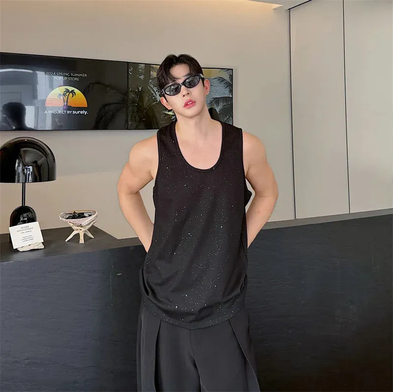 Korean Style Men's Tank Tops Sequins Round Neck Sleeveless Casual Male Tops Loose Clothing Chic Summer 9C6354