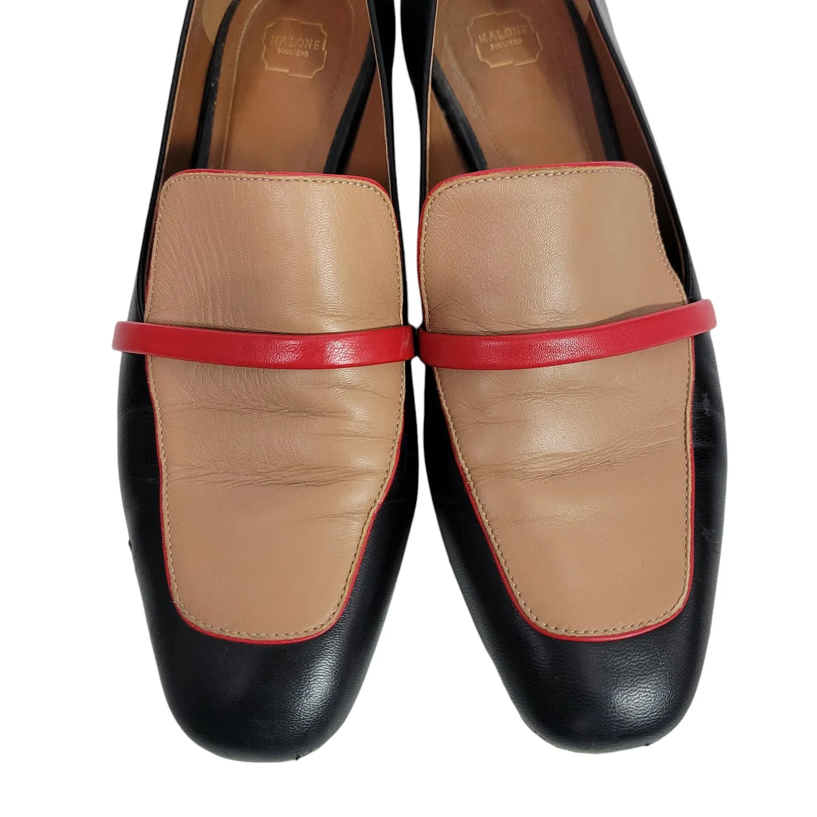 Malone Souliers Jane Flats Black ColorBlock Nappa Leather Dress Shoe Slip On Loafer Size 7.5