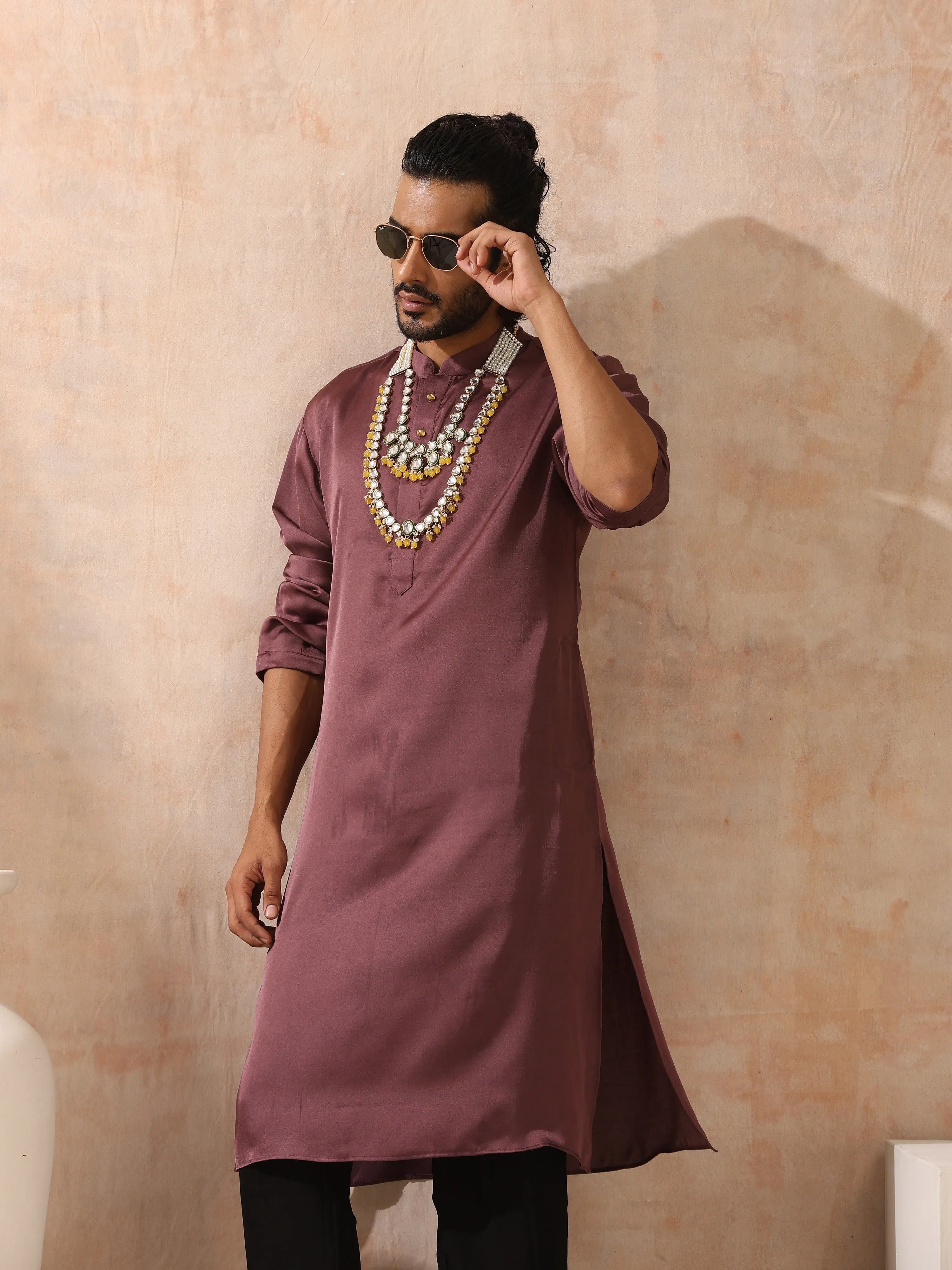 Mens Chocolate Kurta with Gold Buttons