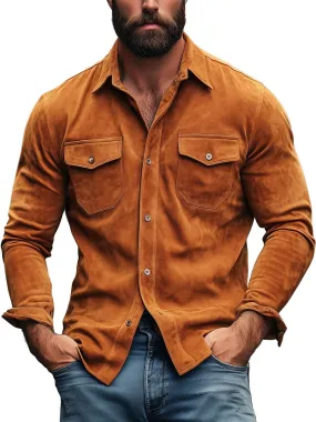 Men's Double Pocket Vintage Suede Long Sleeve Shirt