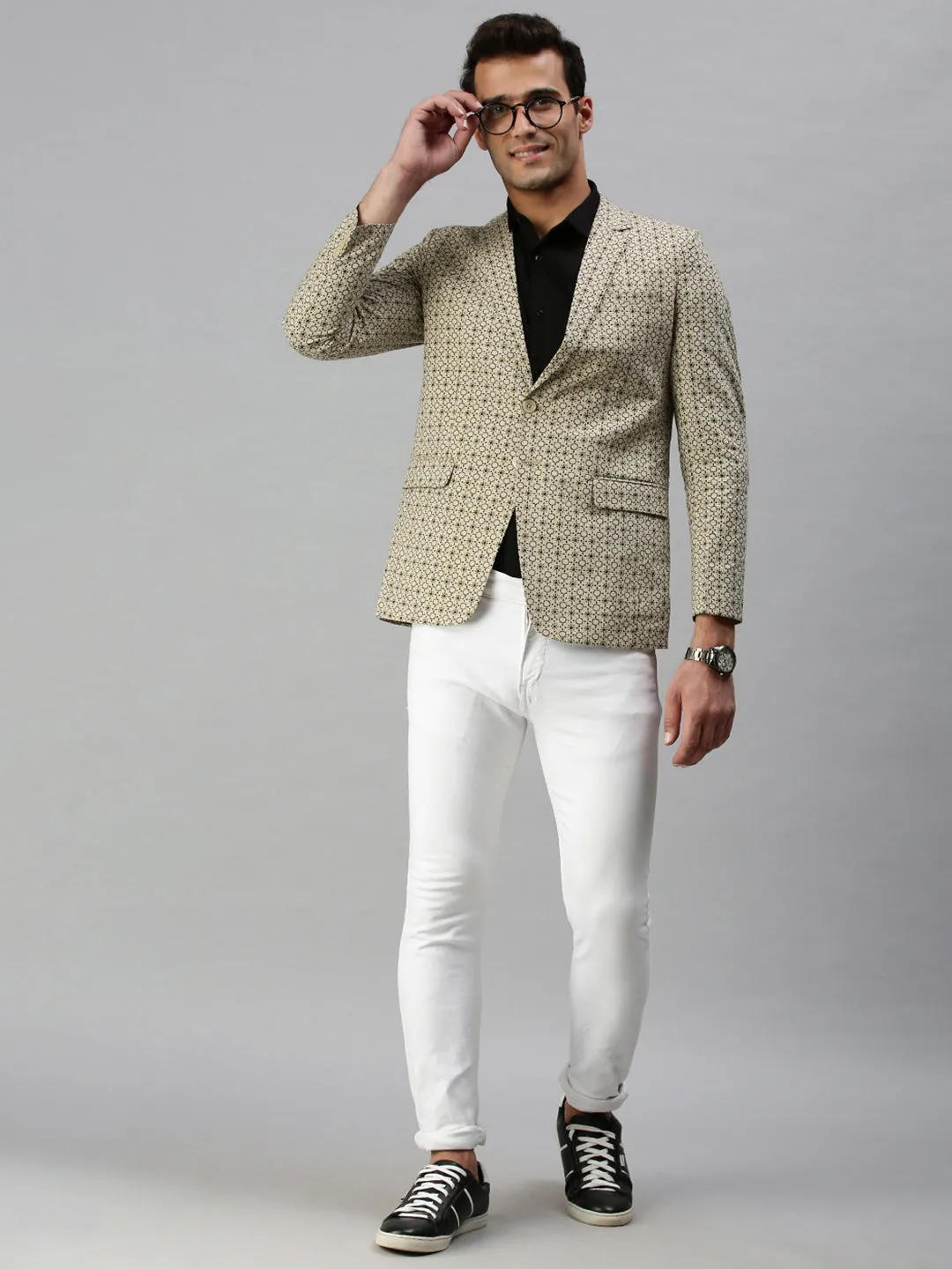 Men's Printed Beige Single Breasted Blazer