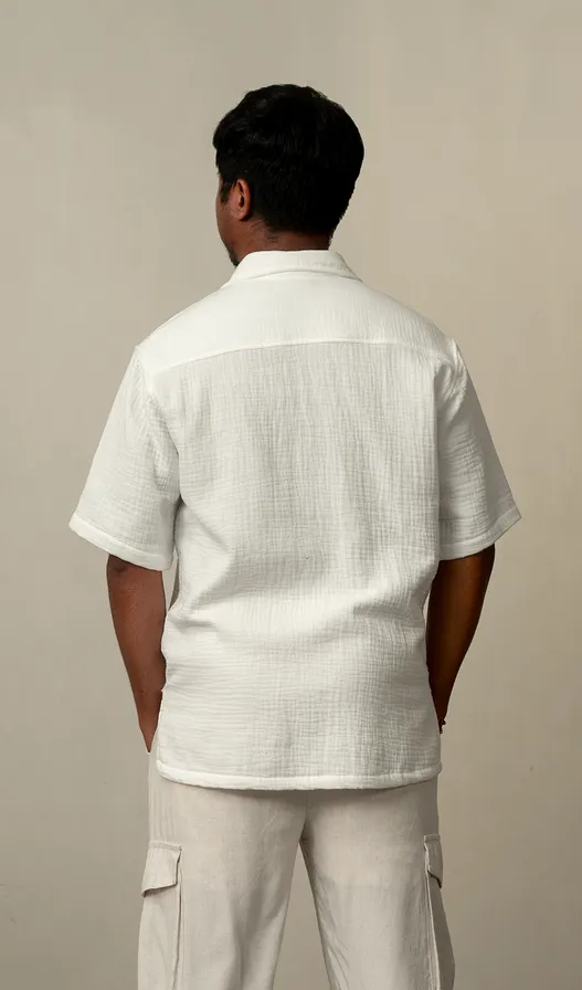 Men's Short Sleeved Shirt Cotton Crinkle White, 4 Sizes