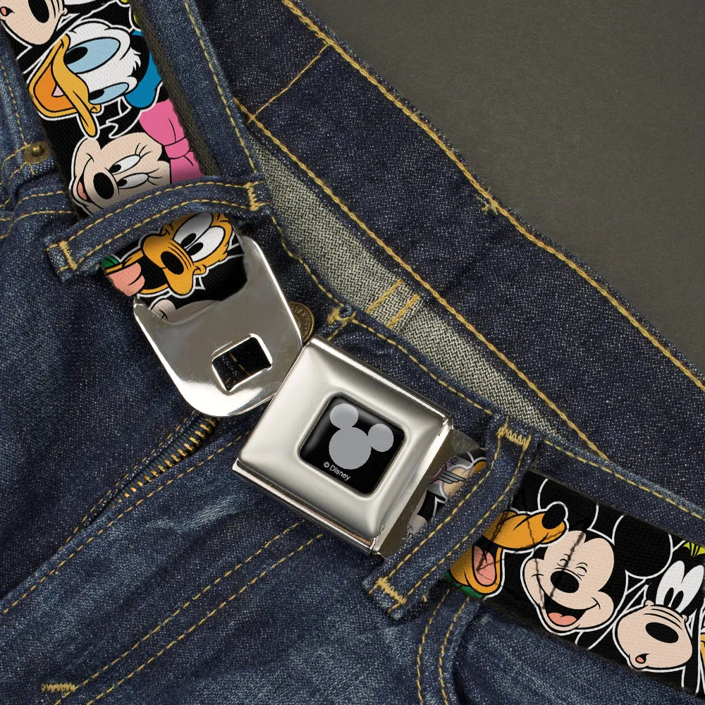 Mickey Silhouette Black Silver Seatbelt Belt - Classic Disney Character Faces Black Webbing