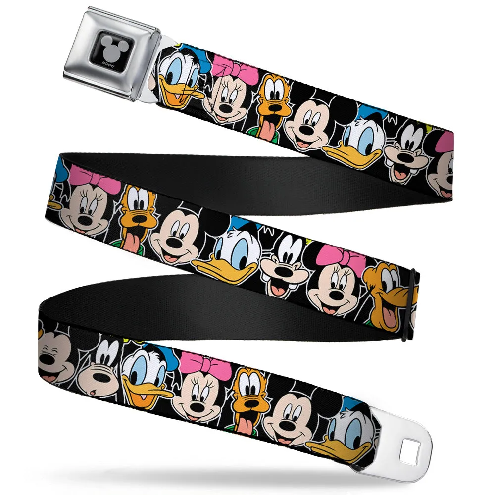 Mickey Silhouette Black Silver Seatbelt Belt - Classic Disney Character Faces Black Webbing