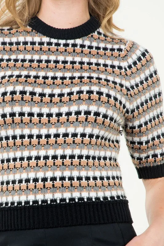 Neutral Checked Puff Knit Top