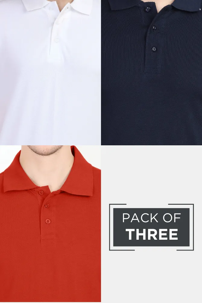 Pack Of 3 Polo T-Shirts White Navy Blue and Brick Red for Men