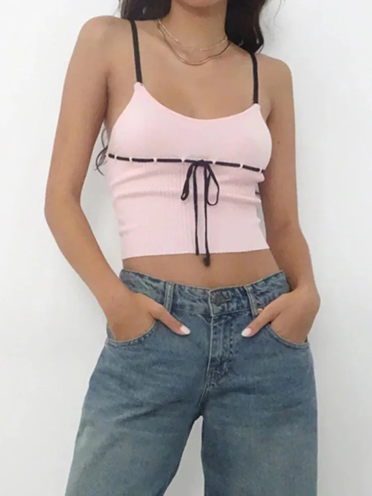 Pink Lace Up Knitted Cute Top