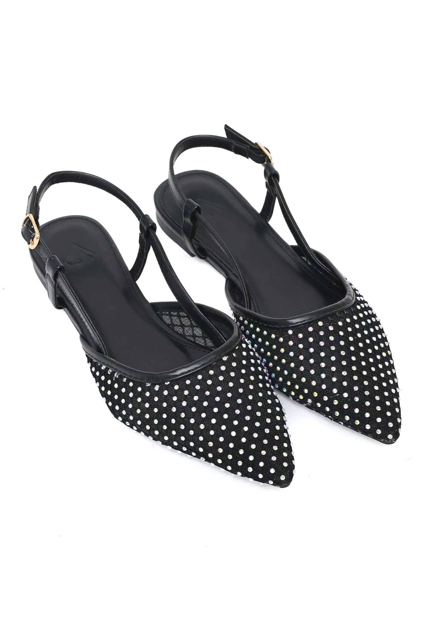 RHINESTONE MESH SLINGBACK FLATS-BLACK