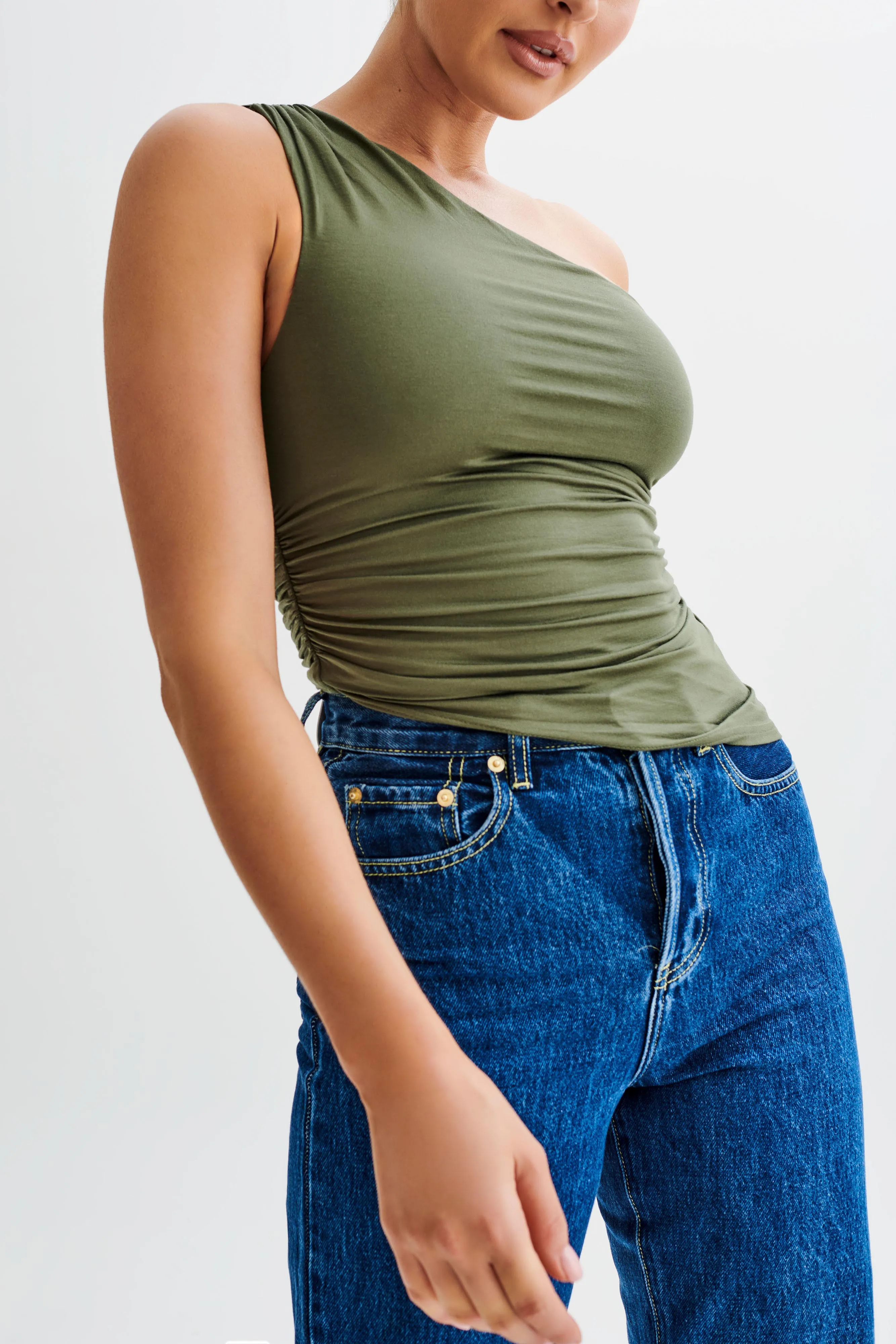 Sarah One Shoulder Modal Asymmetric Top - Military Olive