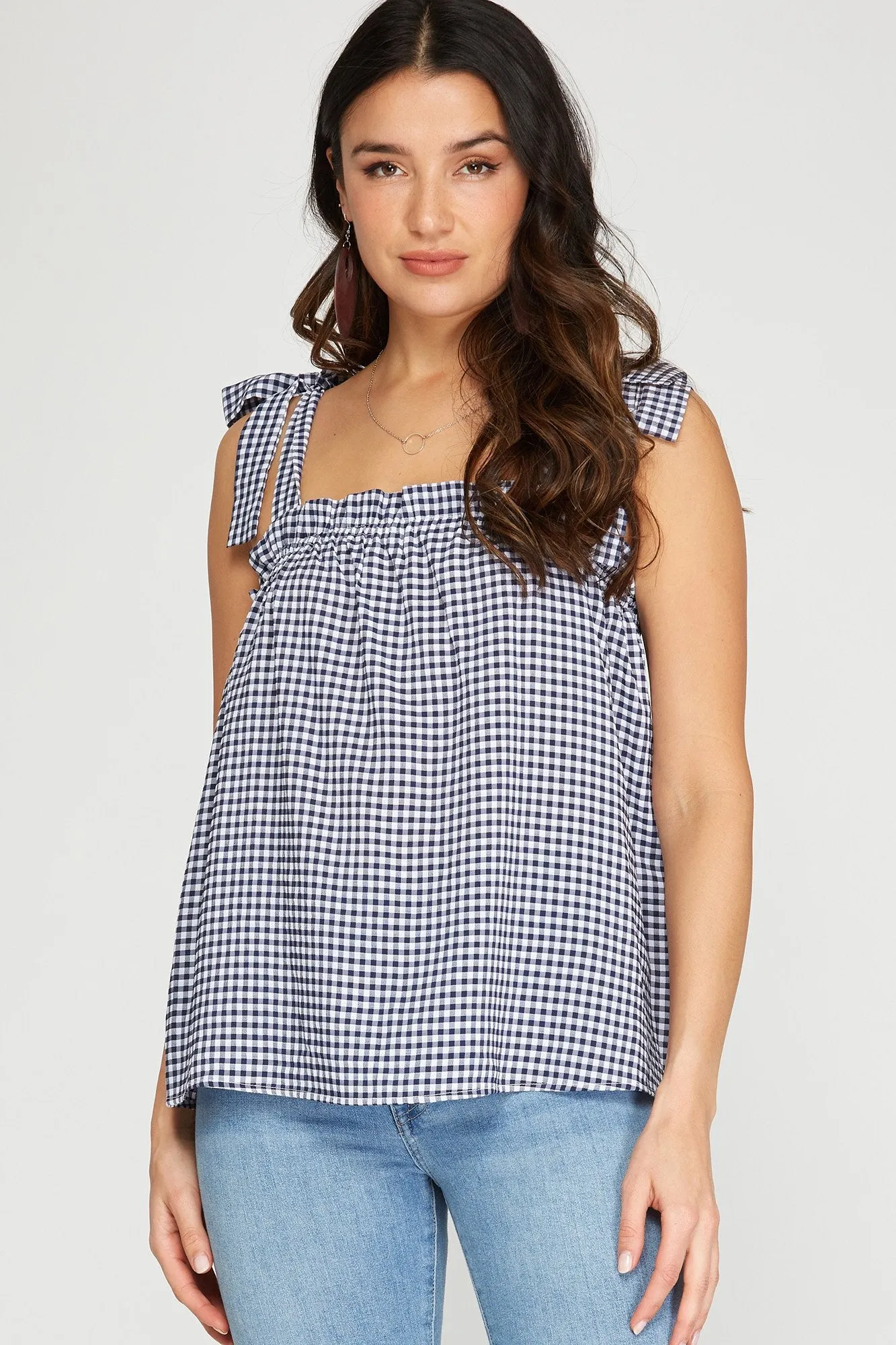 Sleeveless woven gingham top with shoulder ties