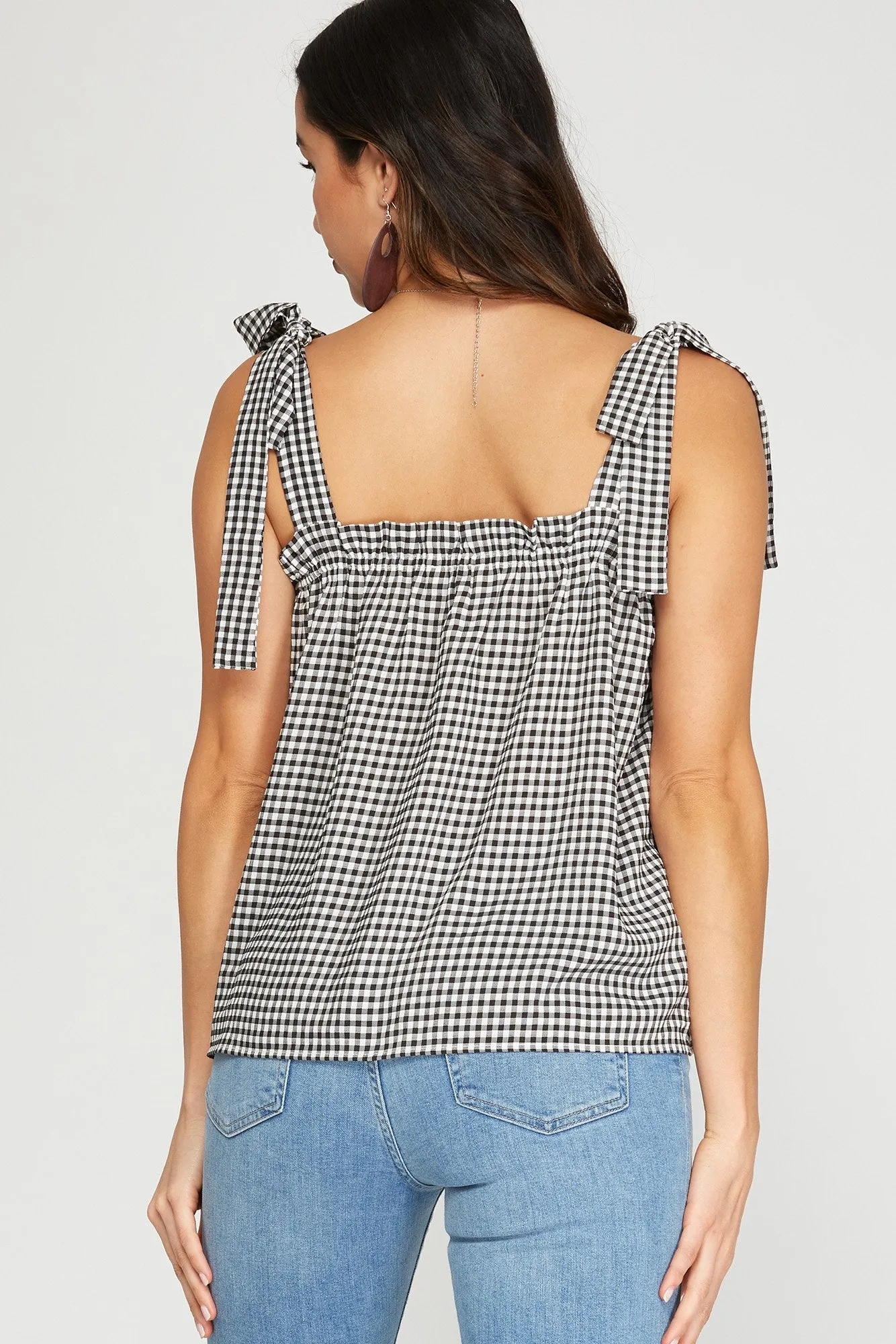 Sleeveless woven gingham top with shoulder ties