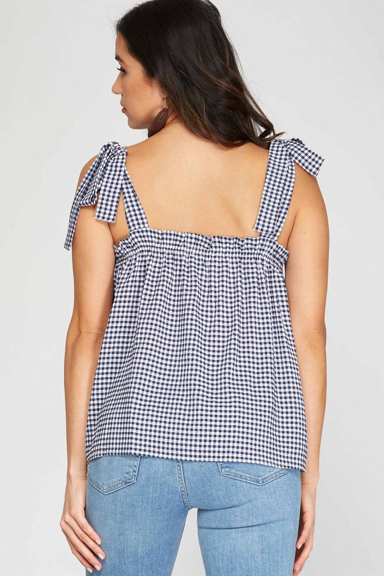 Sleeveless woven gingham top with shoulder ties