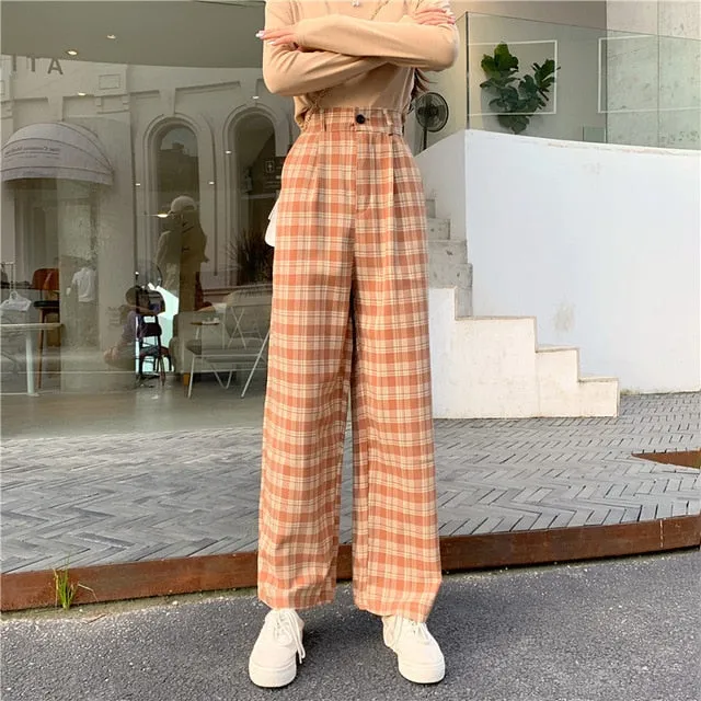 Streetwear High Waist Check Trousers