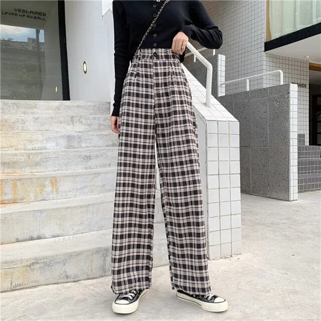 Streetwear High Waist Check Trousers