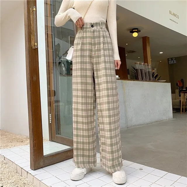 Streetwear High Waist Check Trousers