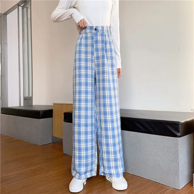 Streetwear High Waist Check Trousers